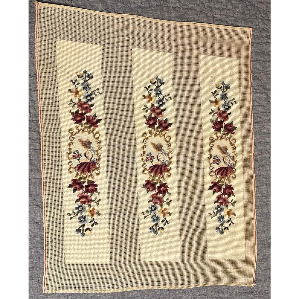 Vintage Girl with Bonnet Needlepoint Canvas Floral 17.5x15.5 Partially Finished